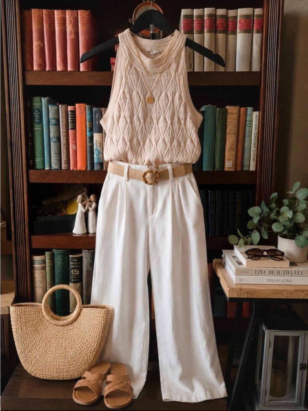 Adrienne Landau Soft Cream/Pink Knit Tank with White Wide-Leg Pants Set